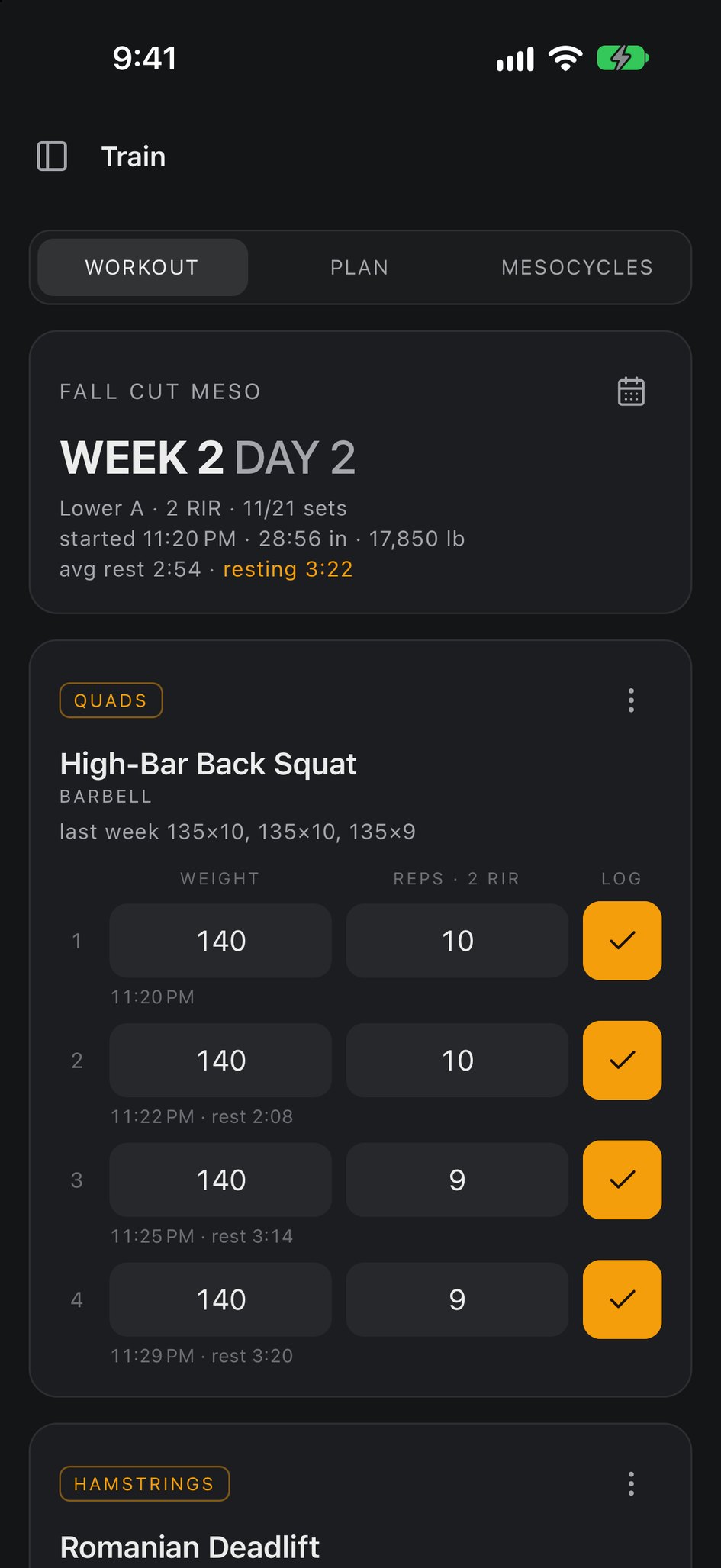 The skcal Train view on iPhone, week 2 day 2 of a mesocycle with logged squat sets, rest times, and a live rest timer